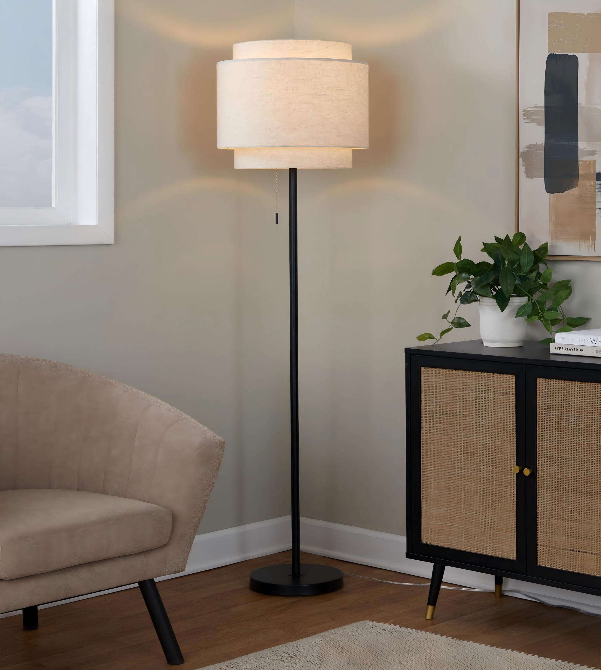 Floor Lamp with Tiered Metal Frame and Linen Shade in Black