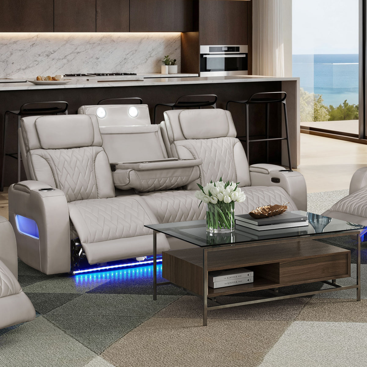 White Vegan Leather Power Reclining Sofa, USB Charging, 84 in Wide