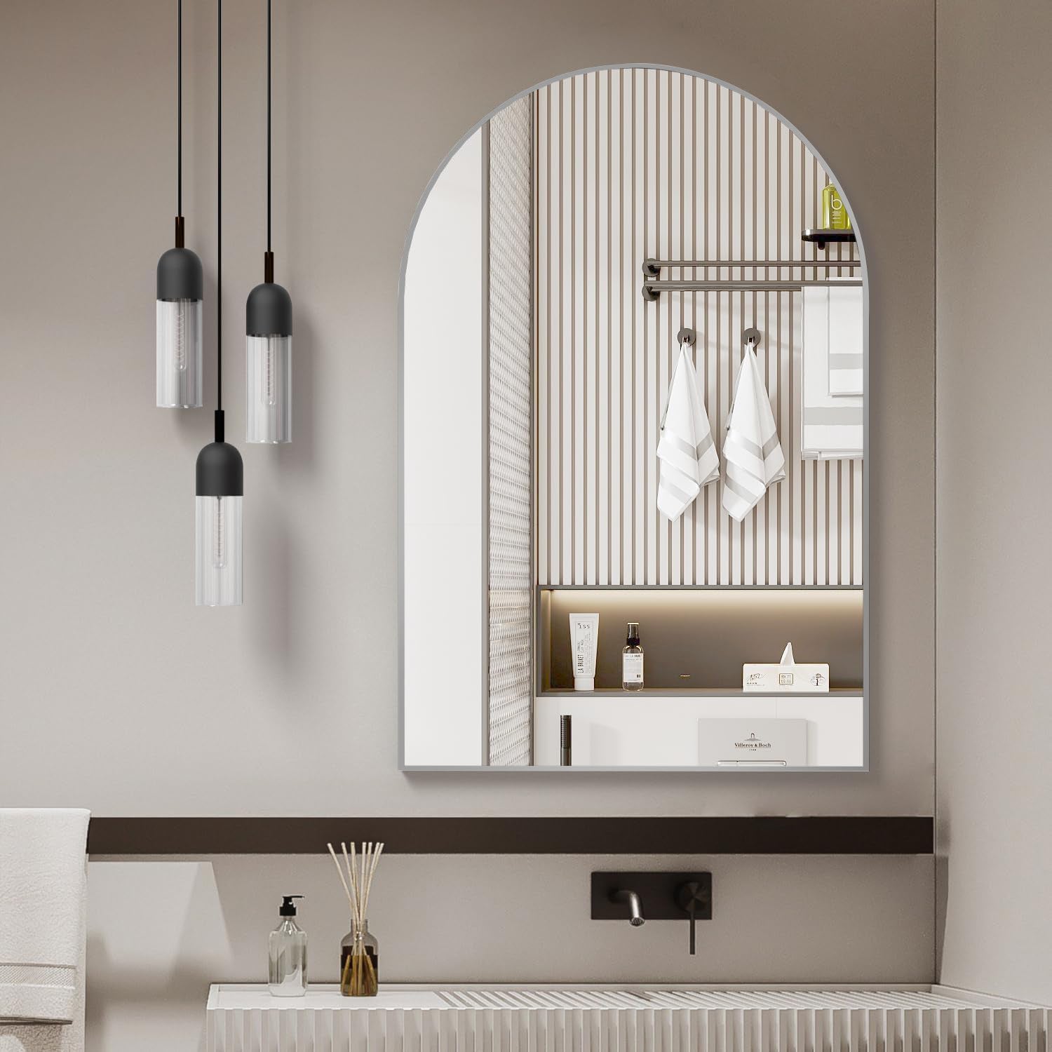 24x32 Arched Mirror, Silver Aluminum Frame