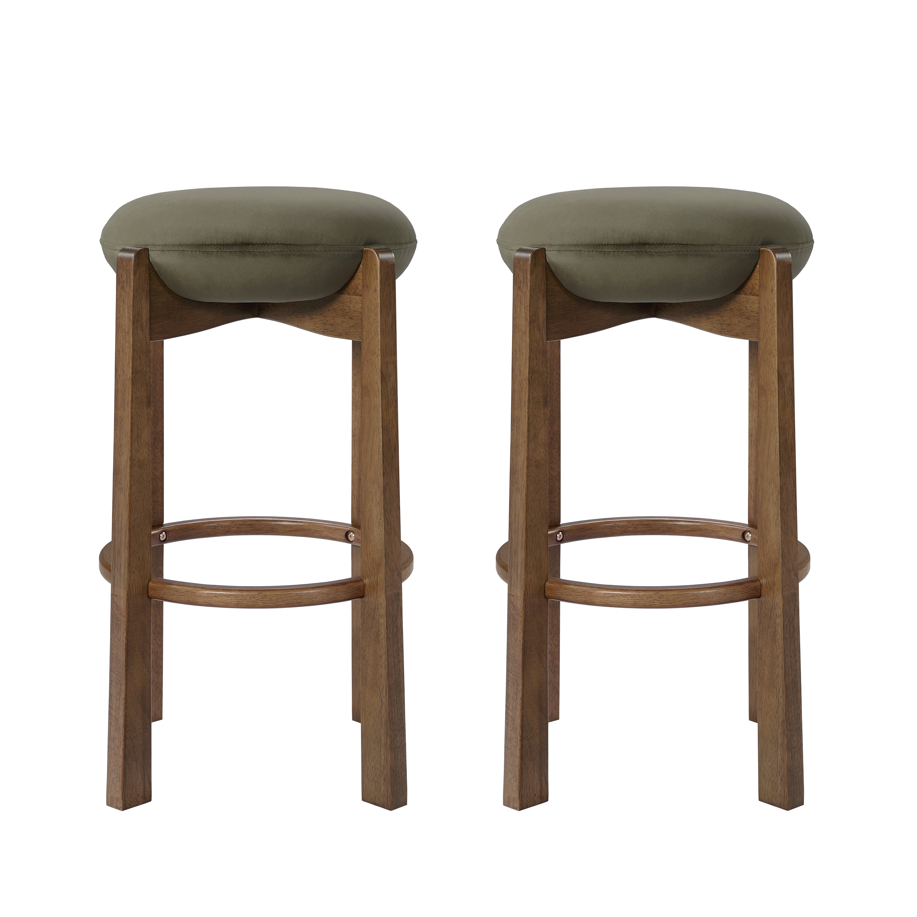 Bar Stool Set of 2, Backless Green Velvet with Walnut Wood Legs