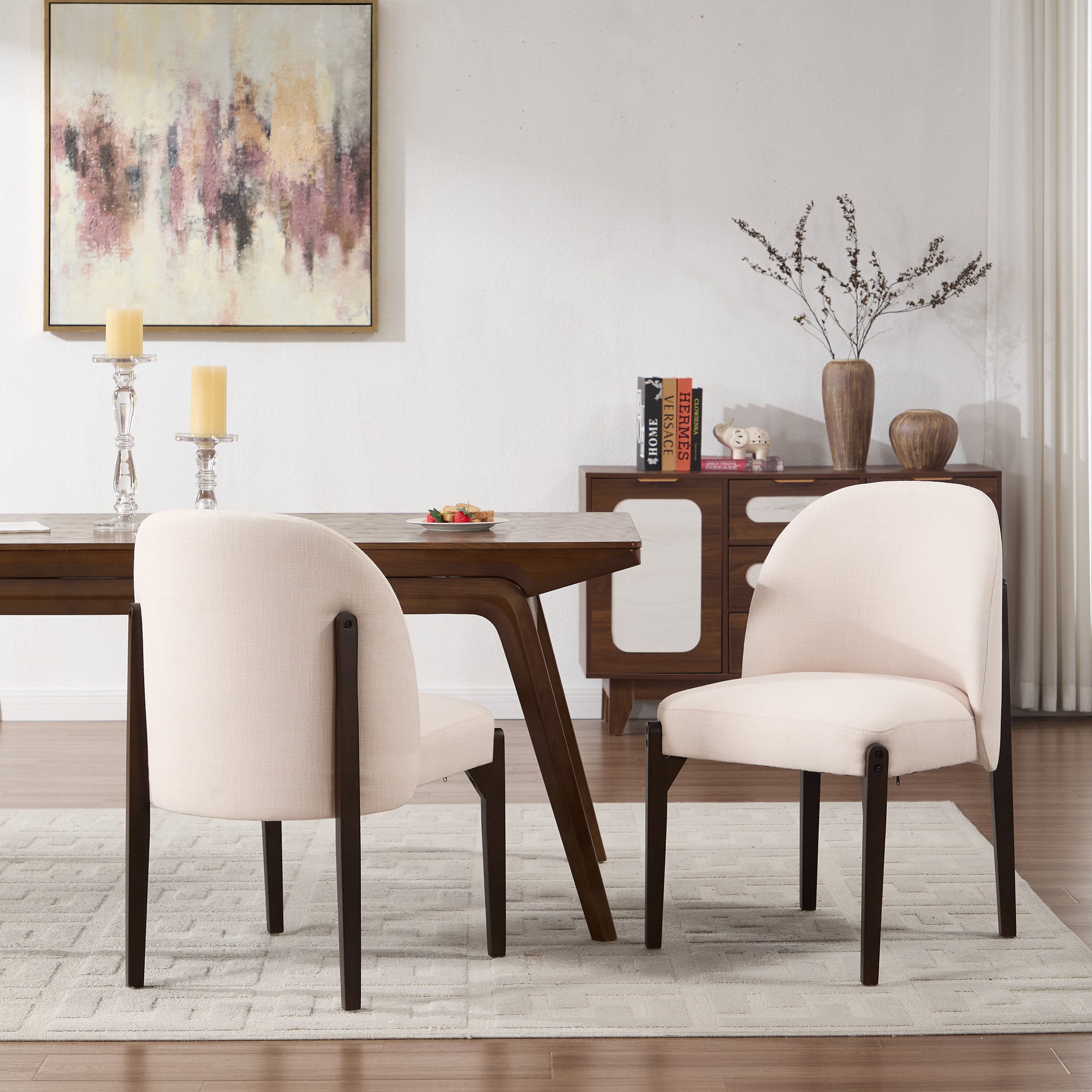 Mid-Century Dining Chairs Set of 2, Cream Fabric, Espresso Legs