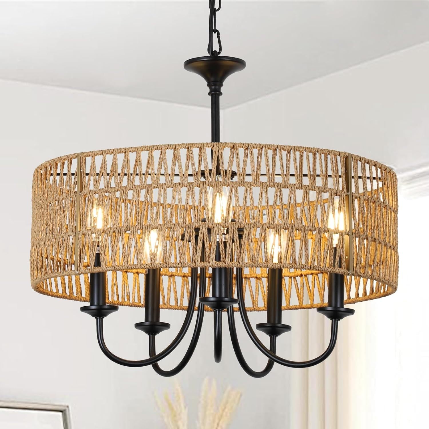 Rattan Chandelier with Hand-Woven Wicker Shade, 5-Light, Brown