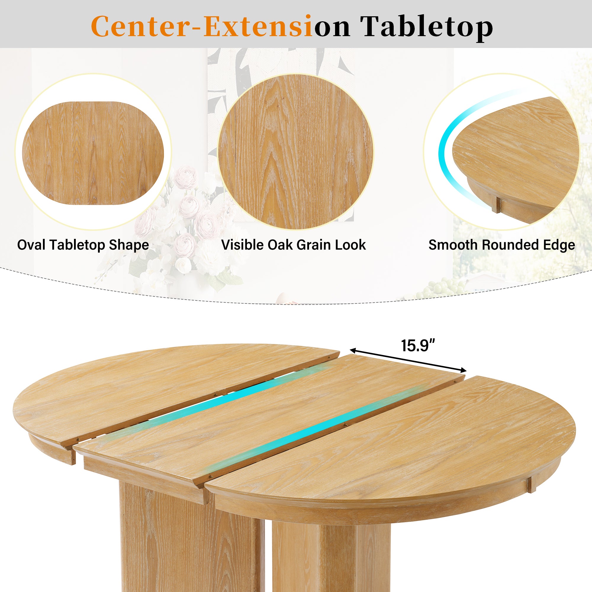 Center-extension tabletop graphic showing oval shape, oak grain and rounded edge