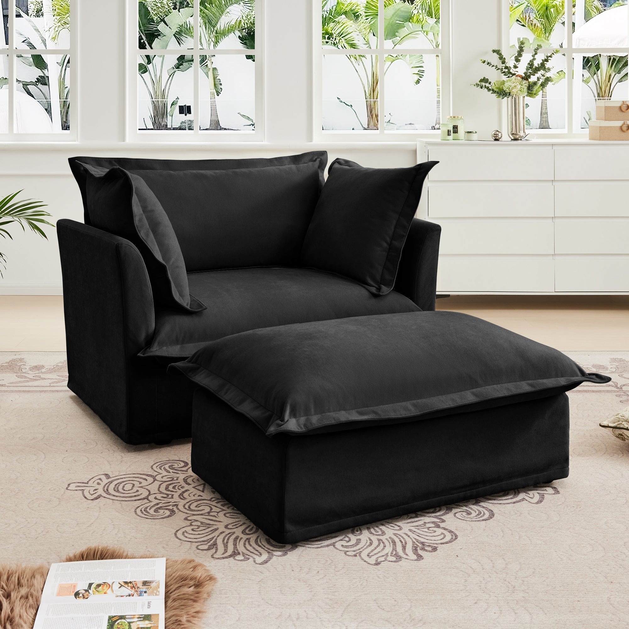 Fluffy Lounge Chair in Chenille Black #Fabric_Chenille Black