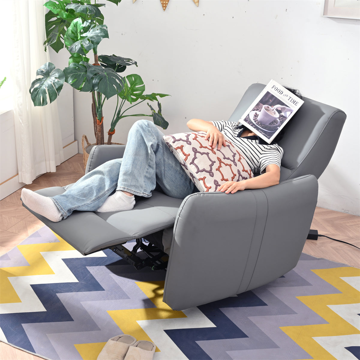 Gray Vegan Leather Power Wall Hugger Recliner, USB Charging