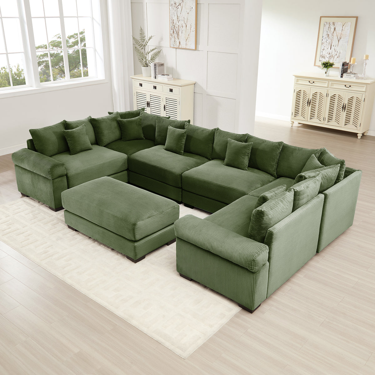 Green Corduroy Modular Sectional with Ottoman, 6-Seat