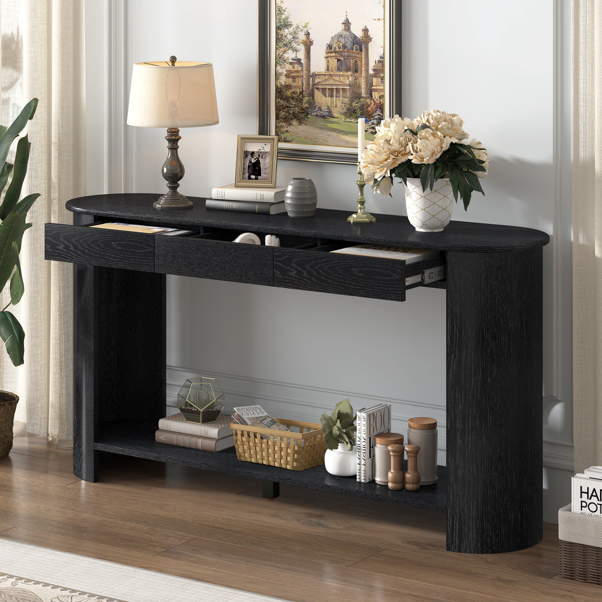 Black Entryway Console Table, 3 Drawers, 59.8 in Wide