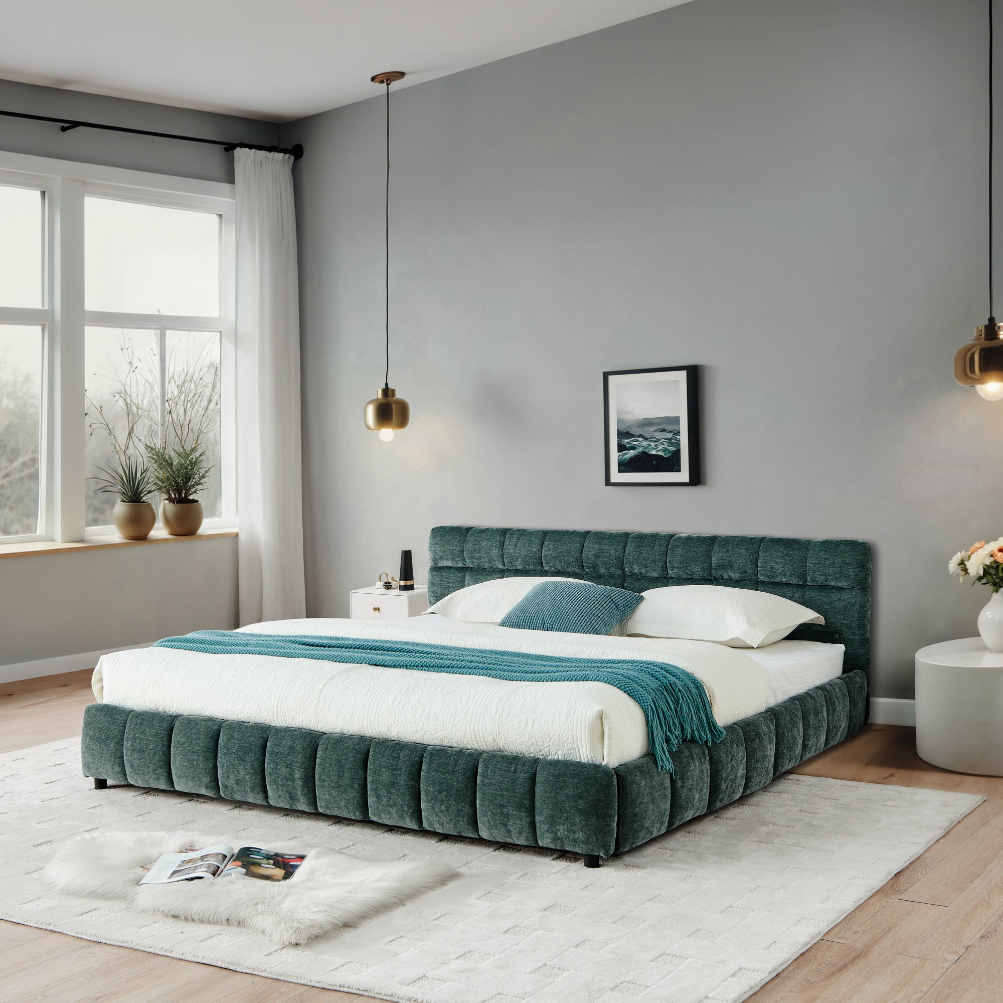 Wide bedroom shot of blue-green chenille storage bed near window