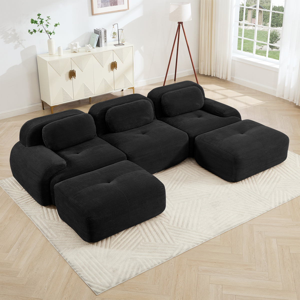 Black Corduroy U-Shaped Modular Sectional Couch