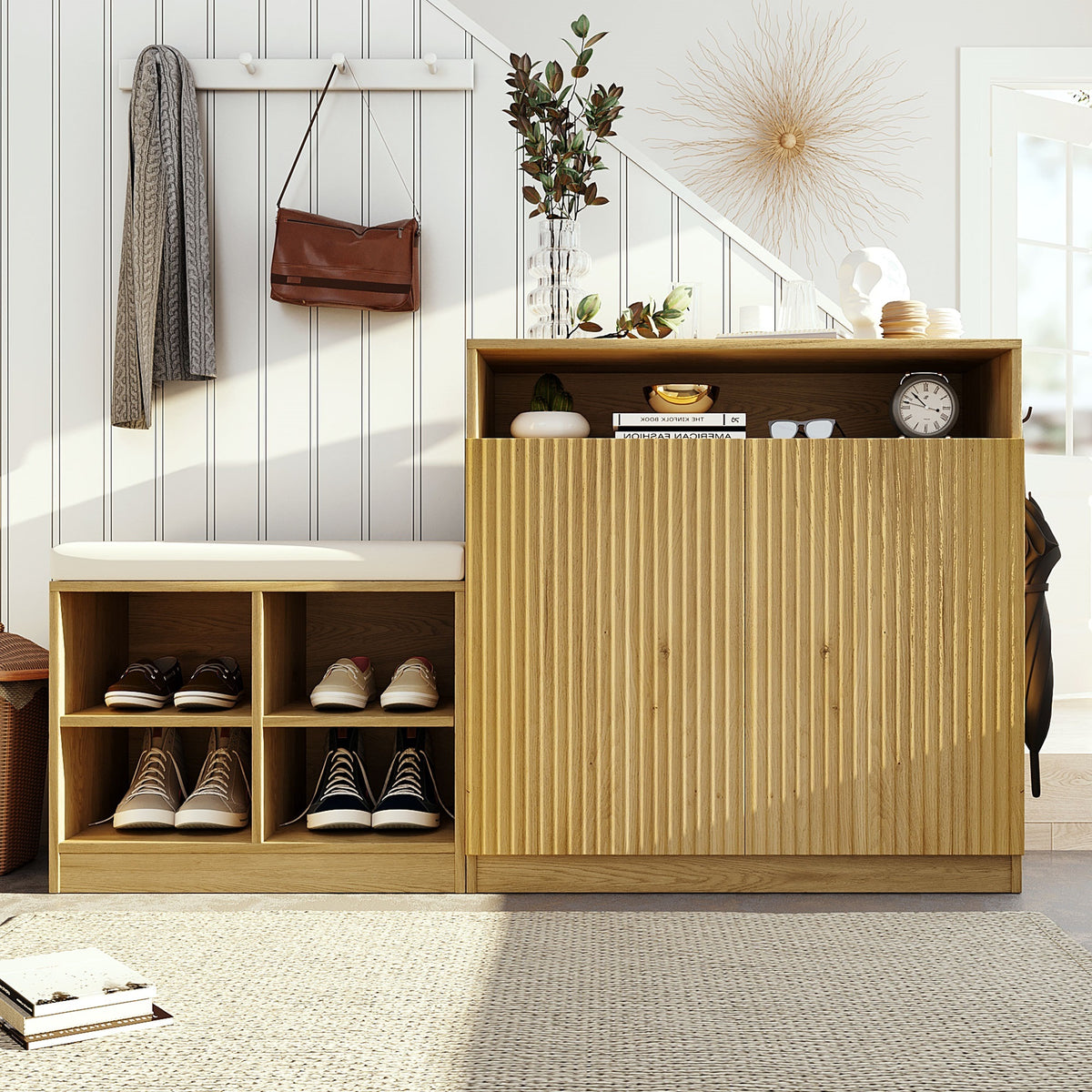 Natural Shoe Cabinet, 55.1 in Wide