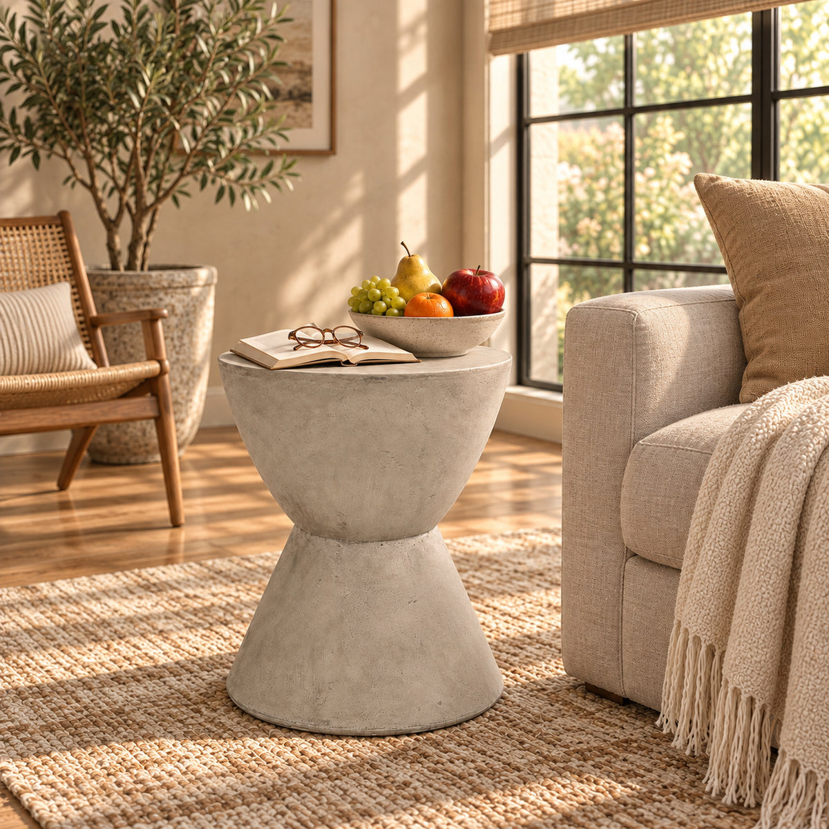 Light Gray Concrete Outdoor Side Table, 18 in Tall, 15.3 in Deep