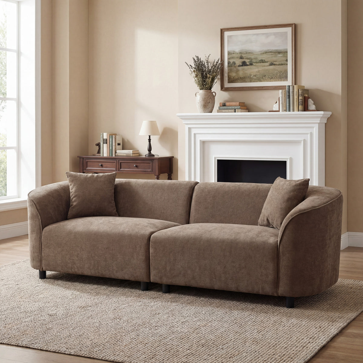Brown 3-Seat Curved Sofa, 87.5 in Wide