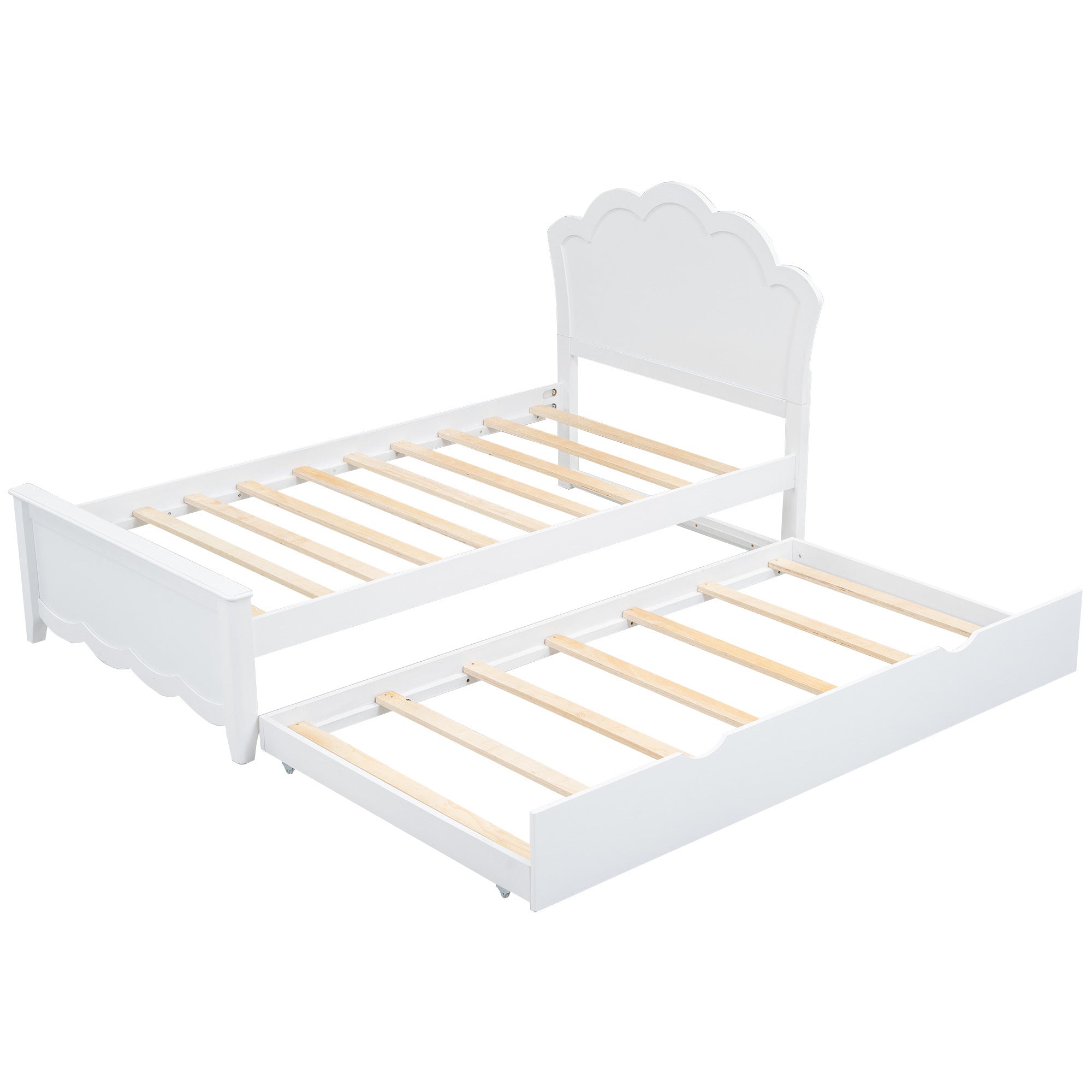 Twin Platform Bed with Headboard and Trundle, White Wood
