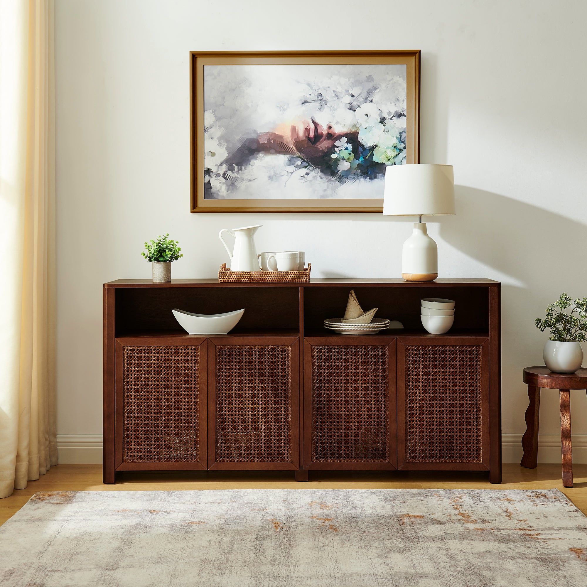 Walnut Rattan Sideboard, 63 in, Mid-Century 4-Door Cabinet