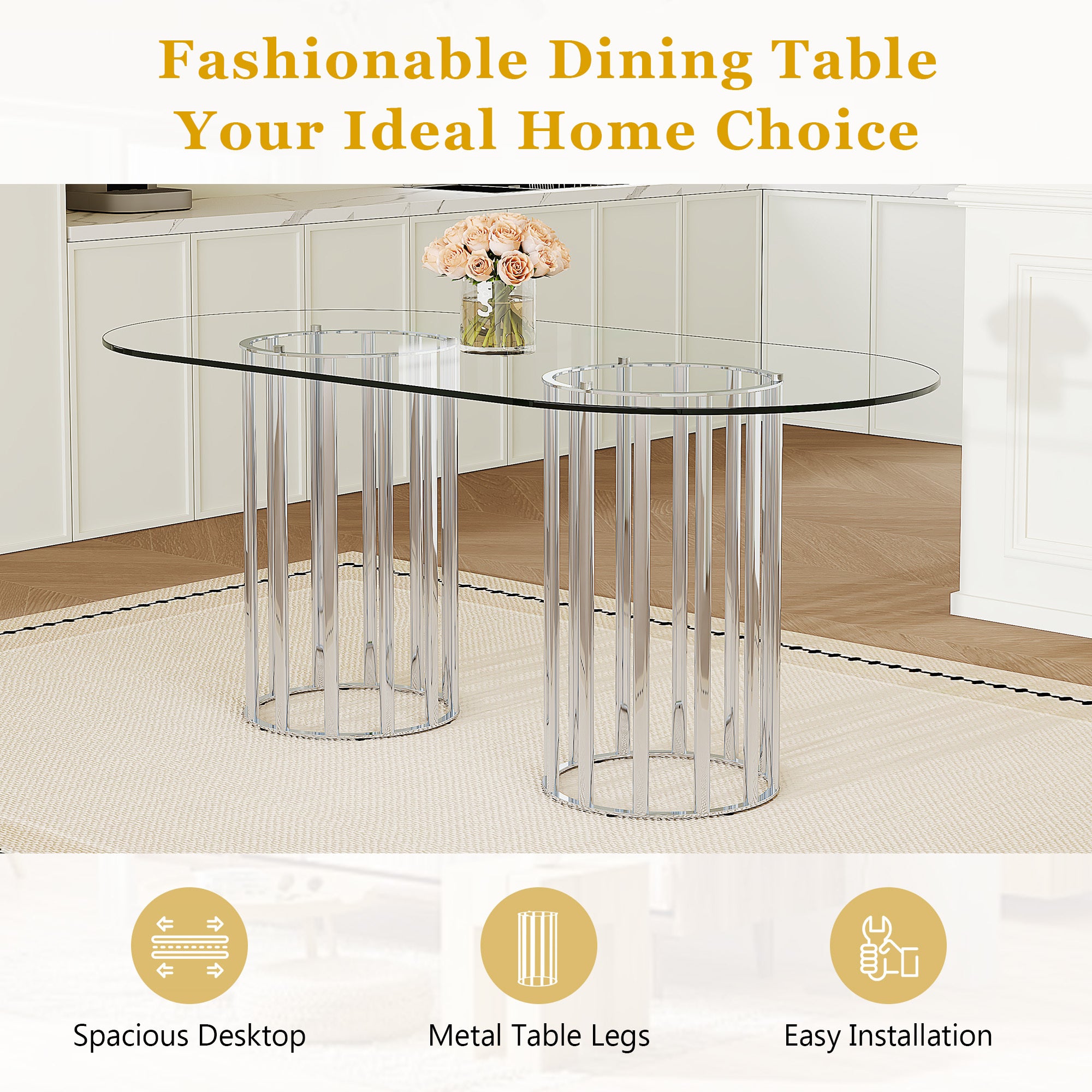 Feature graphic highlighting the spacious top, metal table legs, and easy installation of the glass table.