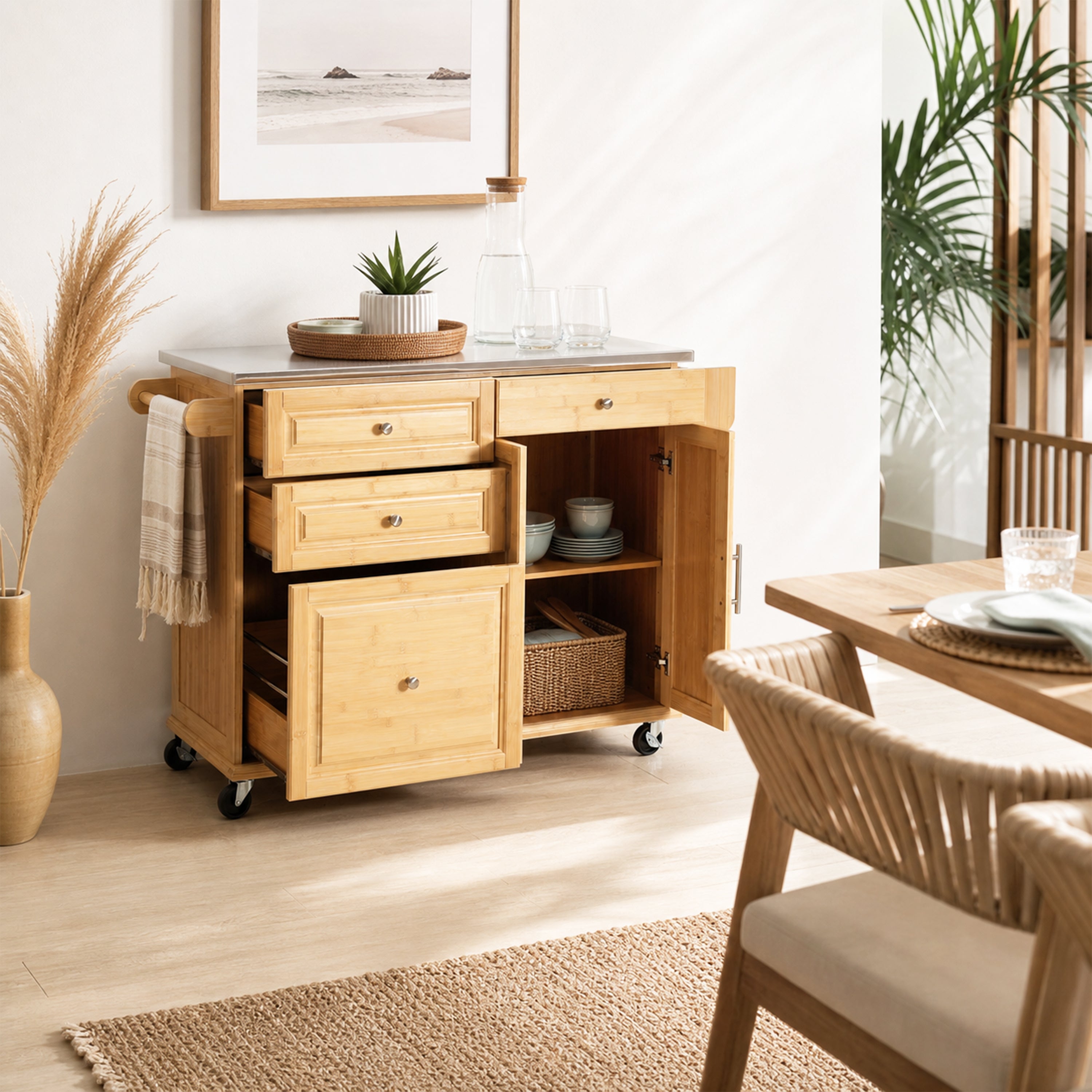 Bamboo Kitchen Island, Natural Rolling Cart with Stainless Steel Top