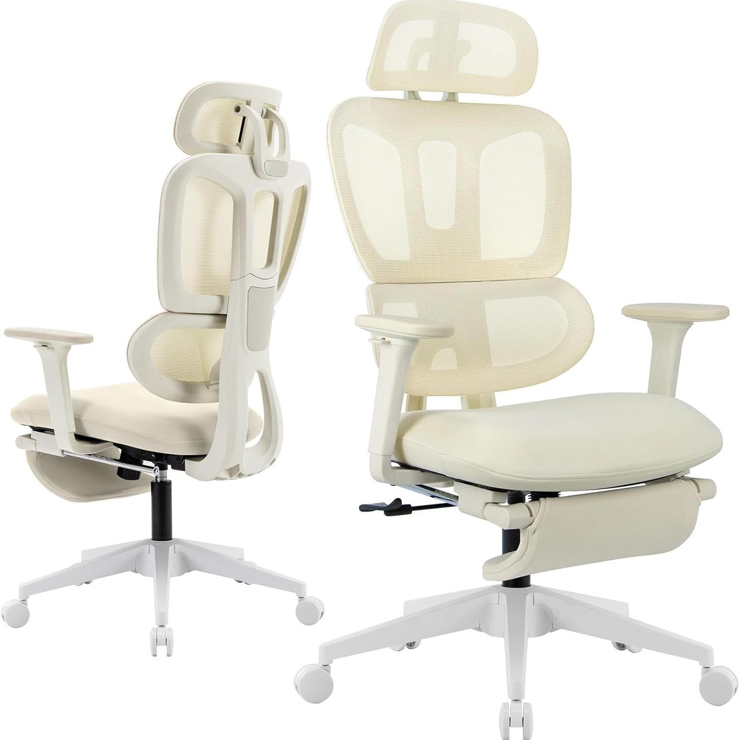 Lumbar Support Reclining Office Chair, 30.3 in, Cream