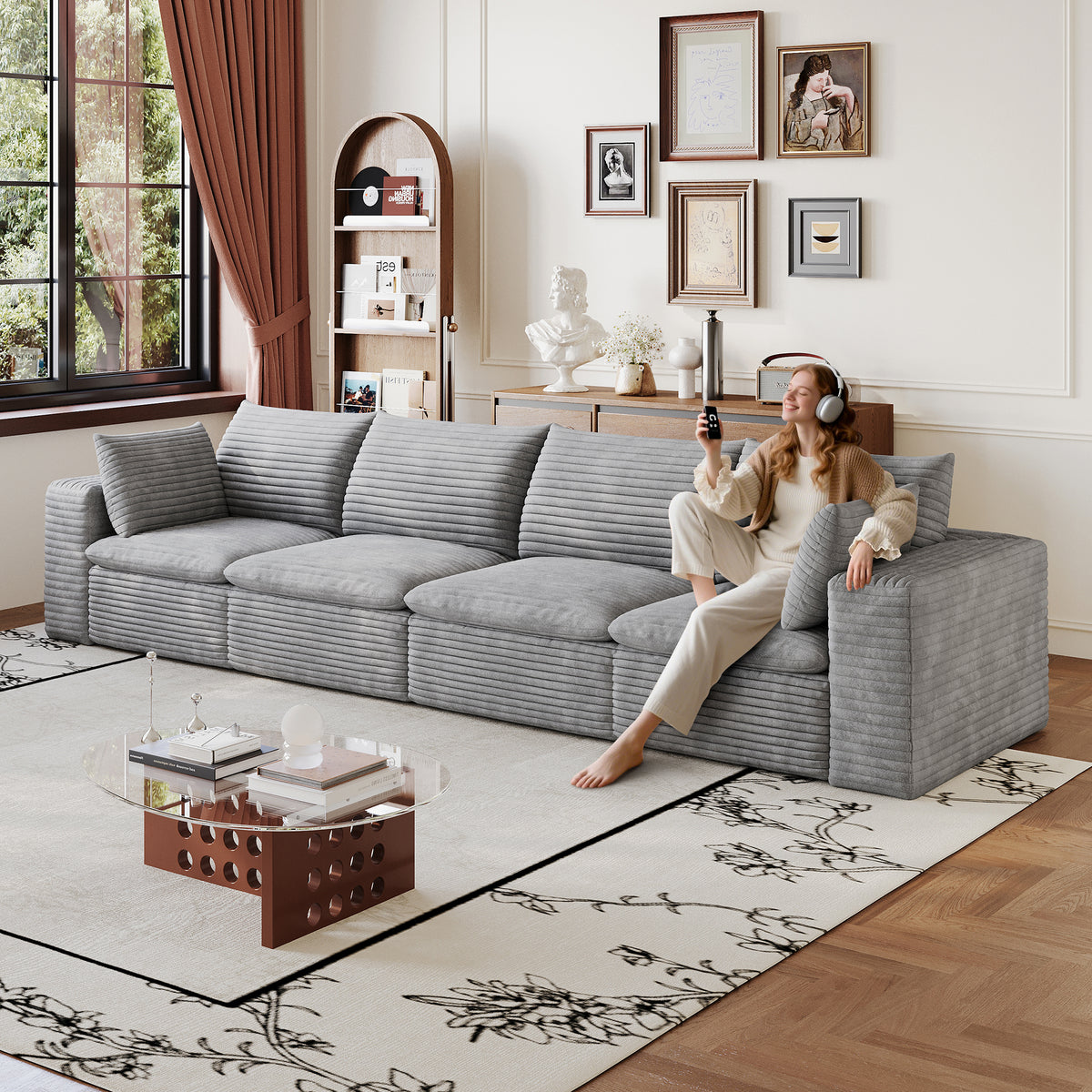 Gray Corduroy Modular 4-Seat Couch, No Assembly, 134 in Wide