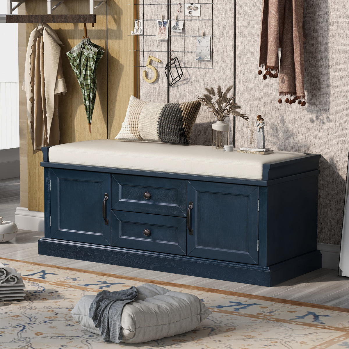 Navy Shoe Storage Bench, 42.5 in Wide