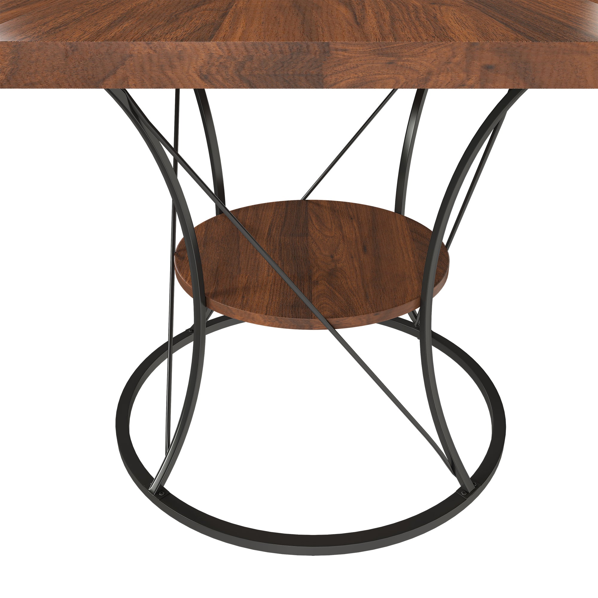 Walnut round table with black iron base on a plain white background, overhead angled view