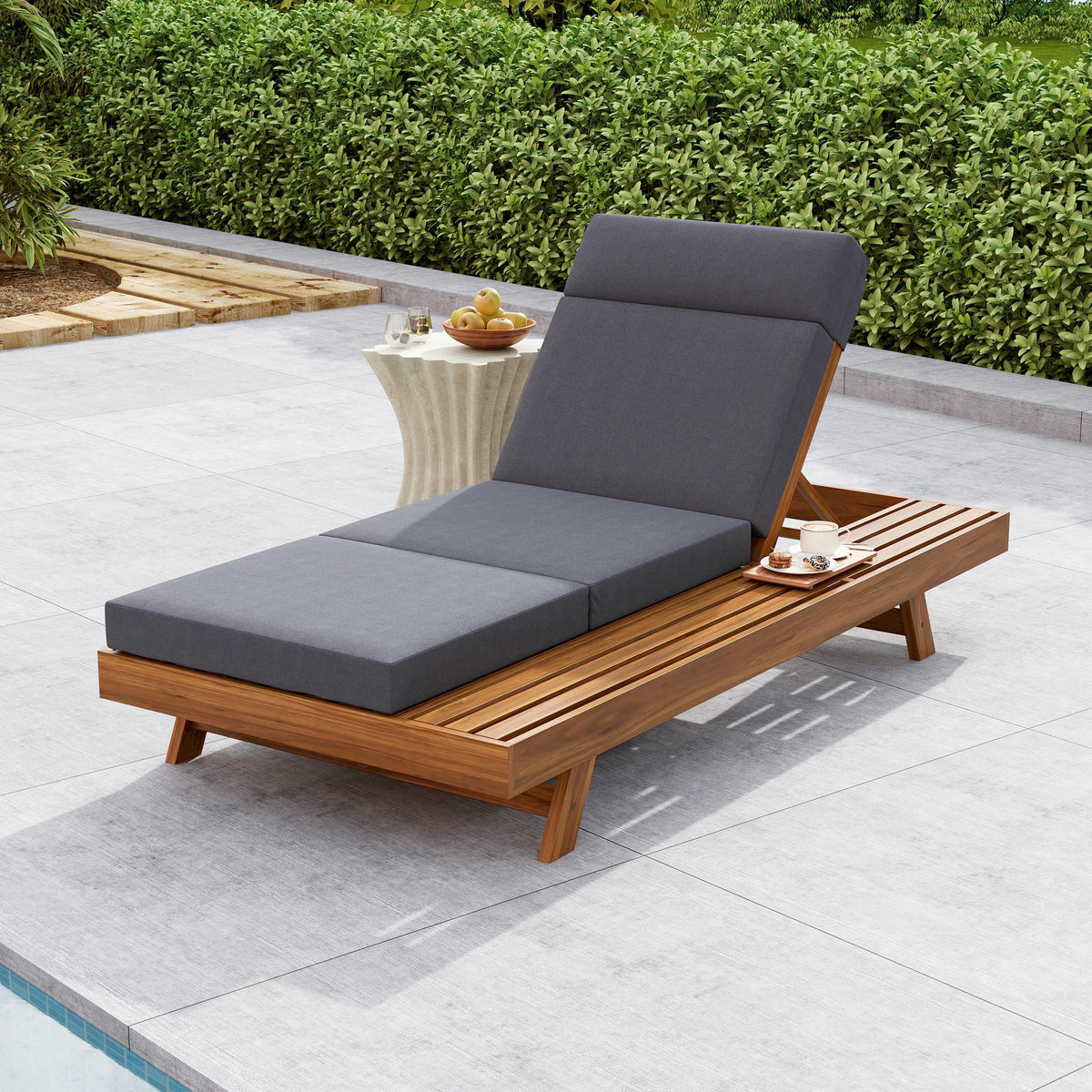 Teak Finish Solid Wood Outdoor Chaise Lounge, Dark Gray Cushion, 3-Fold Cushion