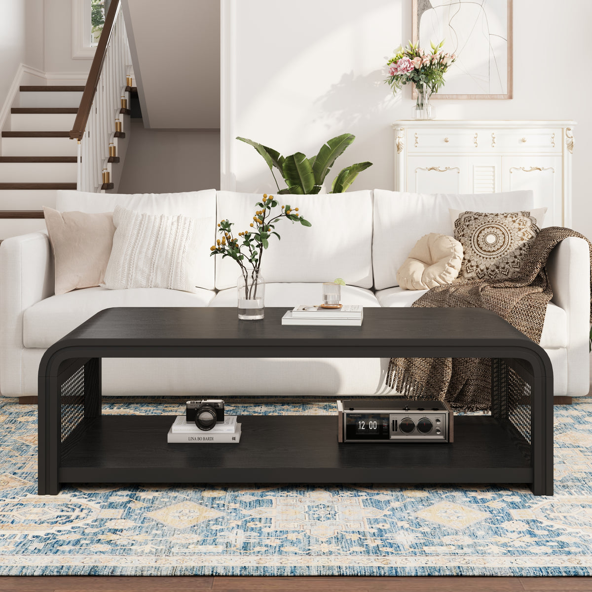 Black Rattan Rectangular Coffee Table with Storage, 47.2 in