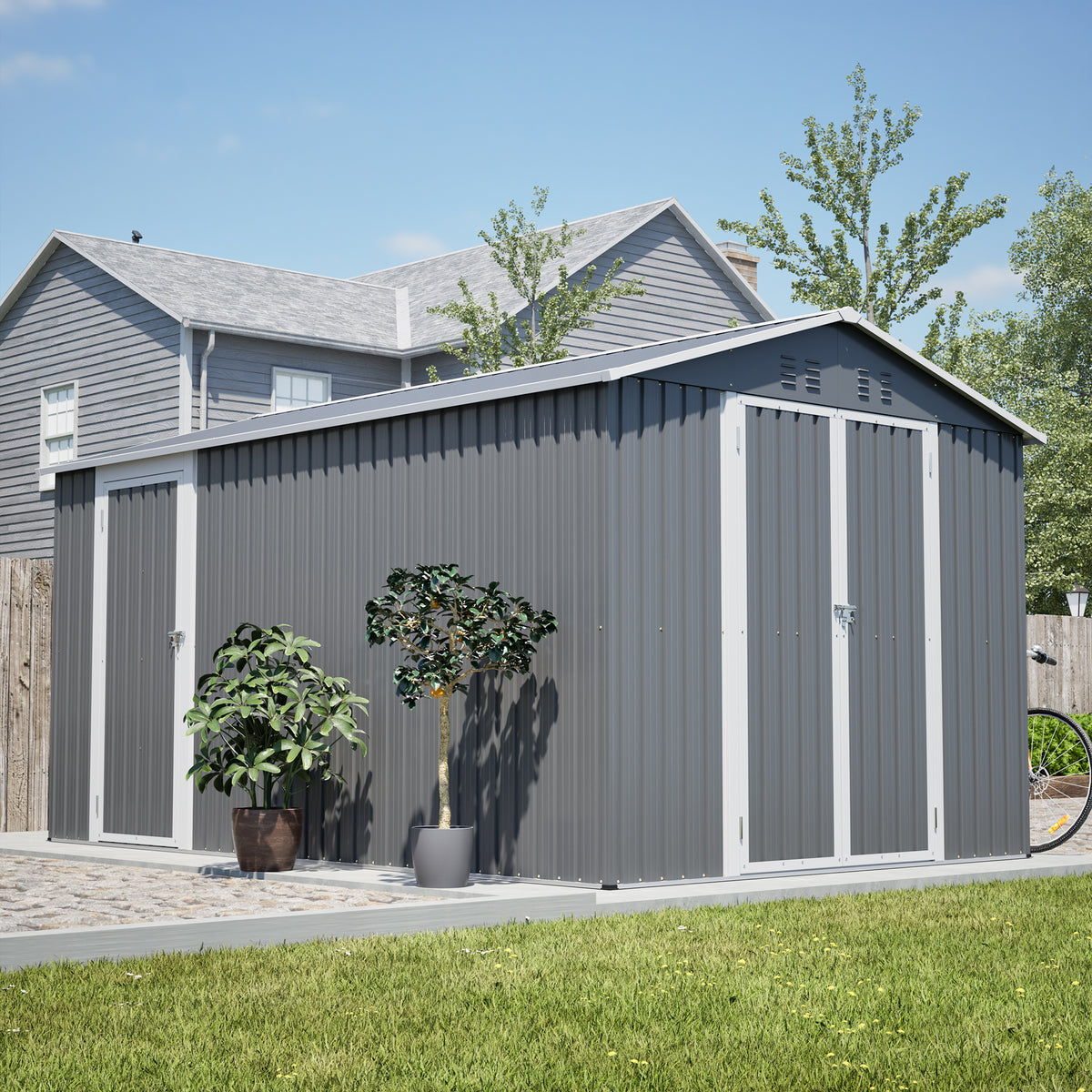 8x12 ft Gray Metal Storage Shed with Lockable Doors