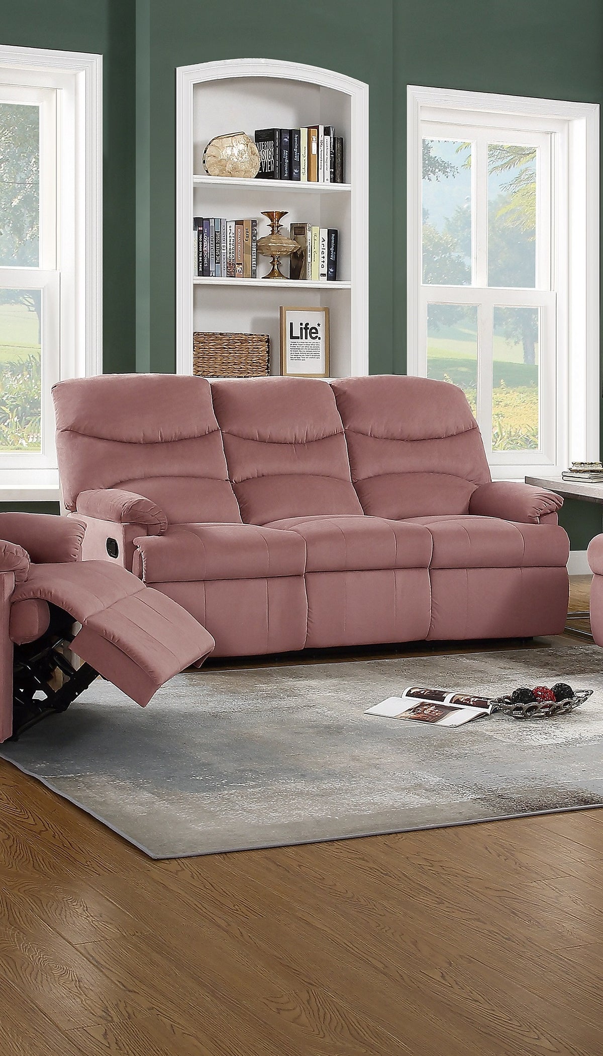 Pink Velvet Reclining Sofa, 74 in Wide
