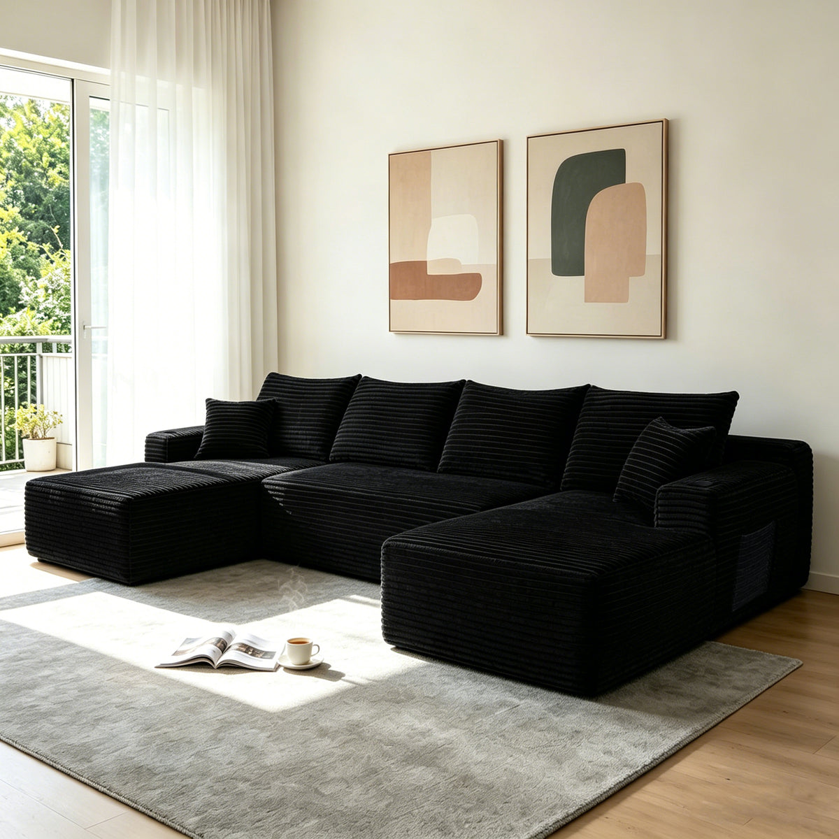 Black U-Shaped Modular Sectional with Chaise, 133.5 in Wide