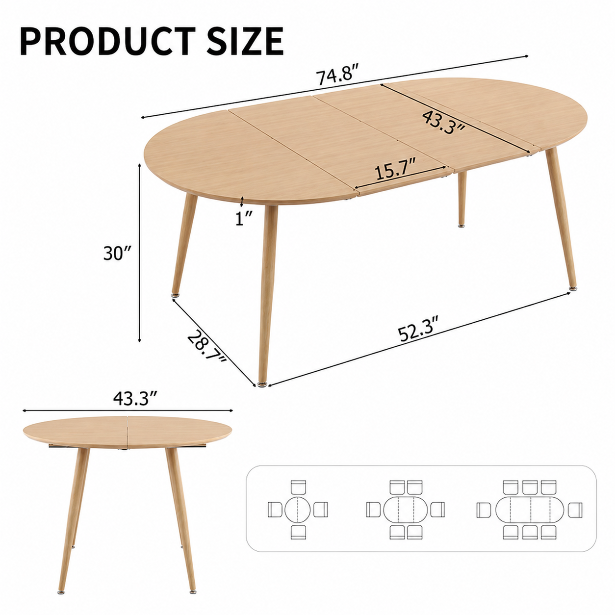 Dimension diagram of the extendable table: 74.8 in long, 43.3 in wide, 30 in tall, with seating layouts