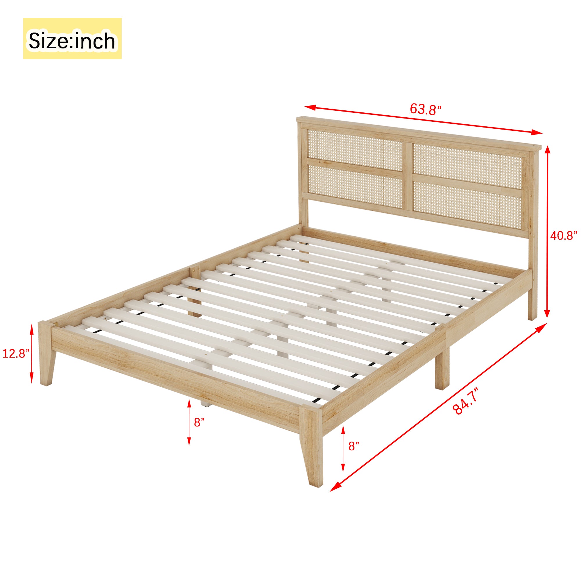 Dimension diagram of the queen wood bed frame: 84.7 in long, 63.8 in wide, 40.8 in tall headboard