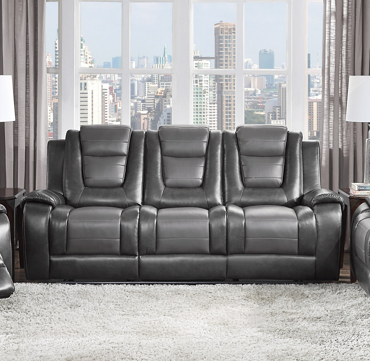 Dark Gray Vegan Leather Reclining Sofa, 85.5 in Wide