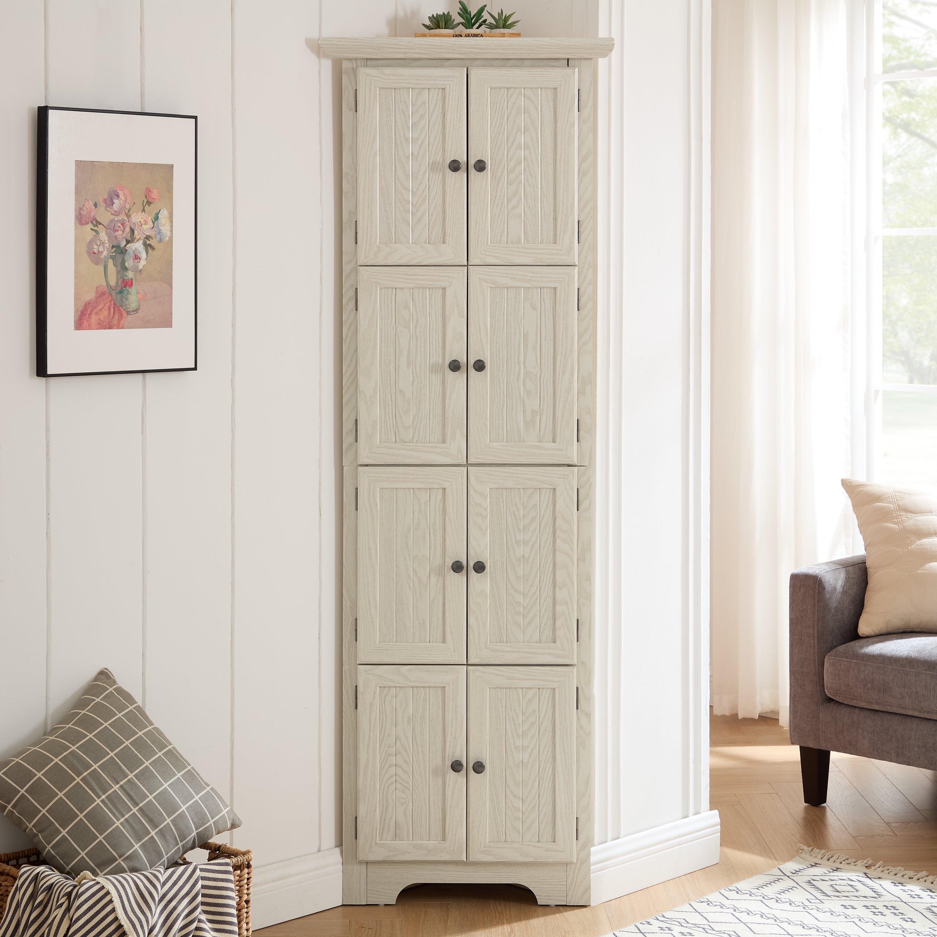 Farmhouse Storage Cabinet with Doors, Cupboard, 24.4 in, White