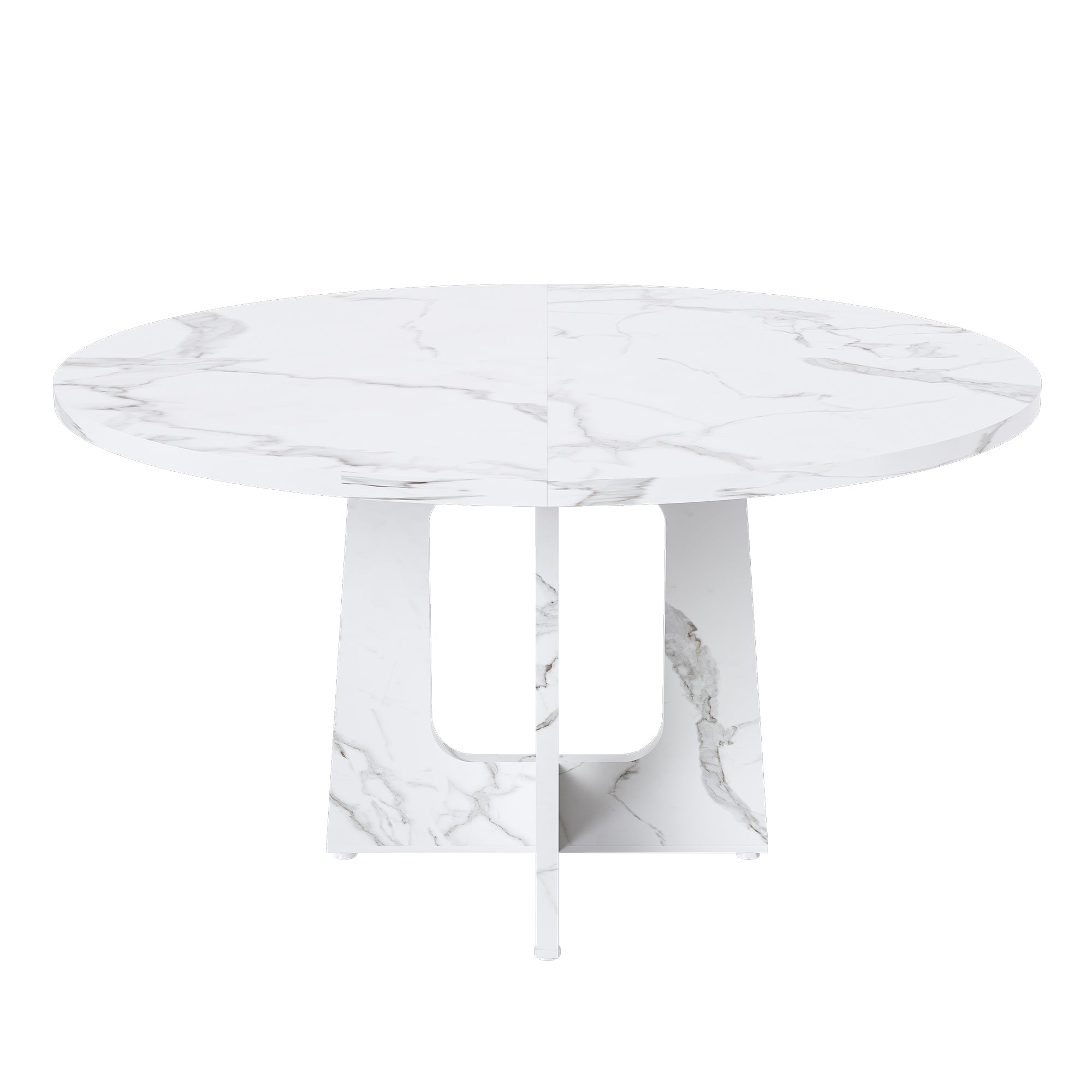 White faux marble round table showing the arched-cutout pedestal base on a white background, front view
