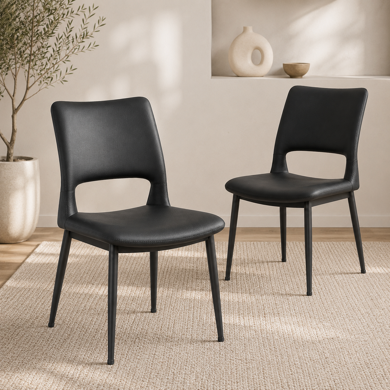 Vegan Leather Dining Chairs Set of 2, Black with Metal Legs