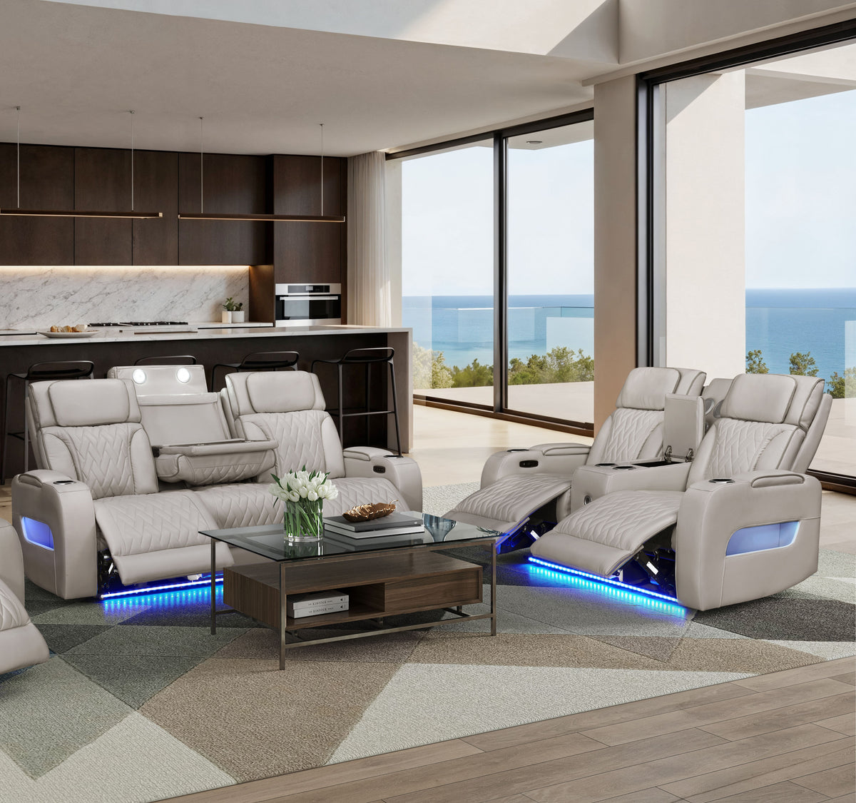 White Vegan Leather Power Reclining Sofa and Loveseat Set