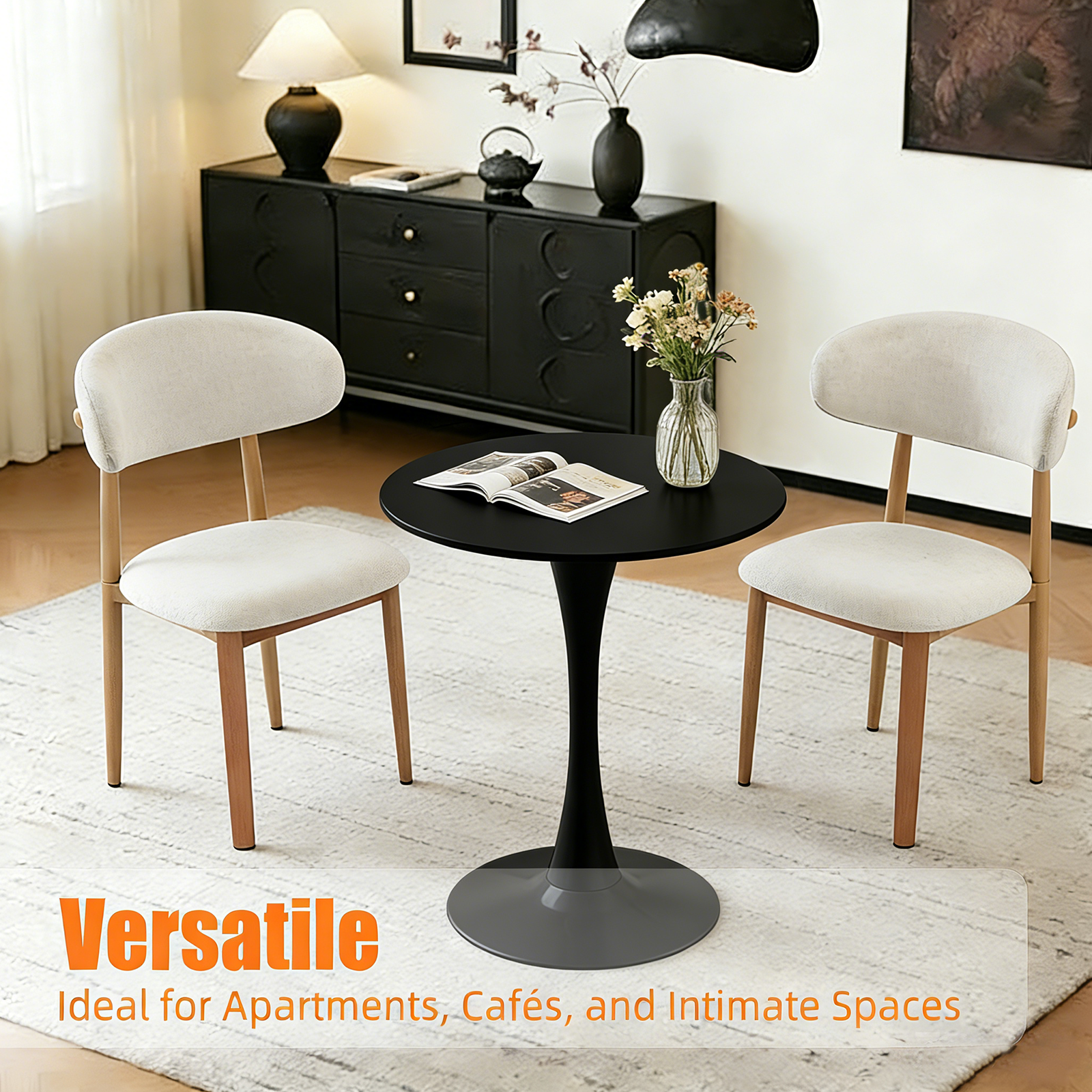 Feature graphic pairing the black round bistro table with two upholstered chairs