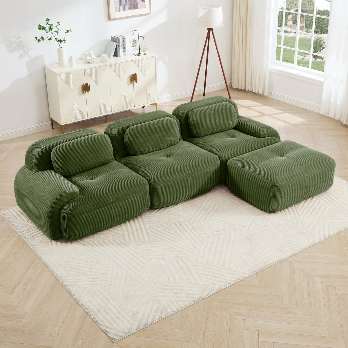 Olive Green Corduroy L-Shaped Modular Sectional Couch, 3-Seat