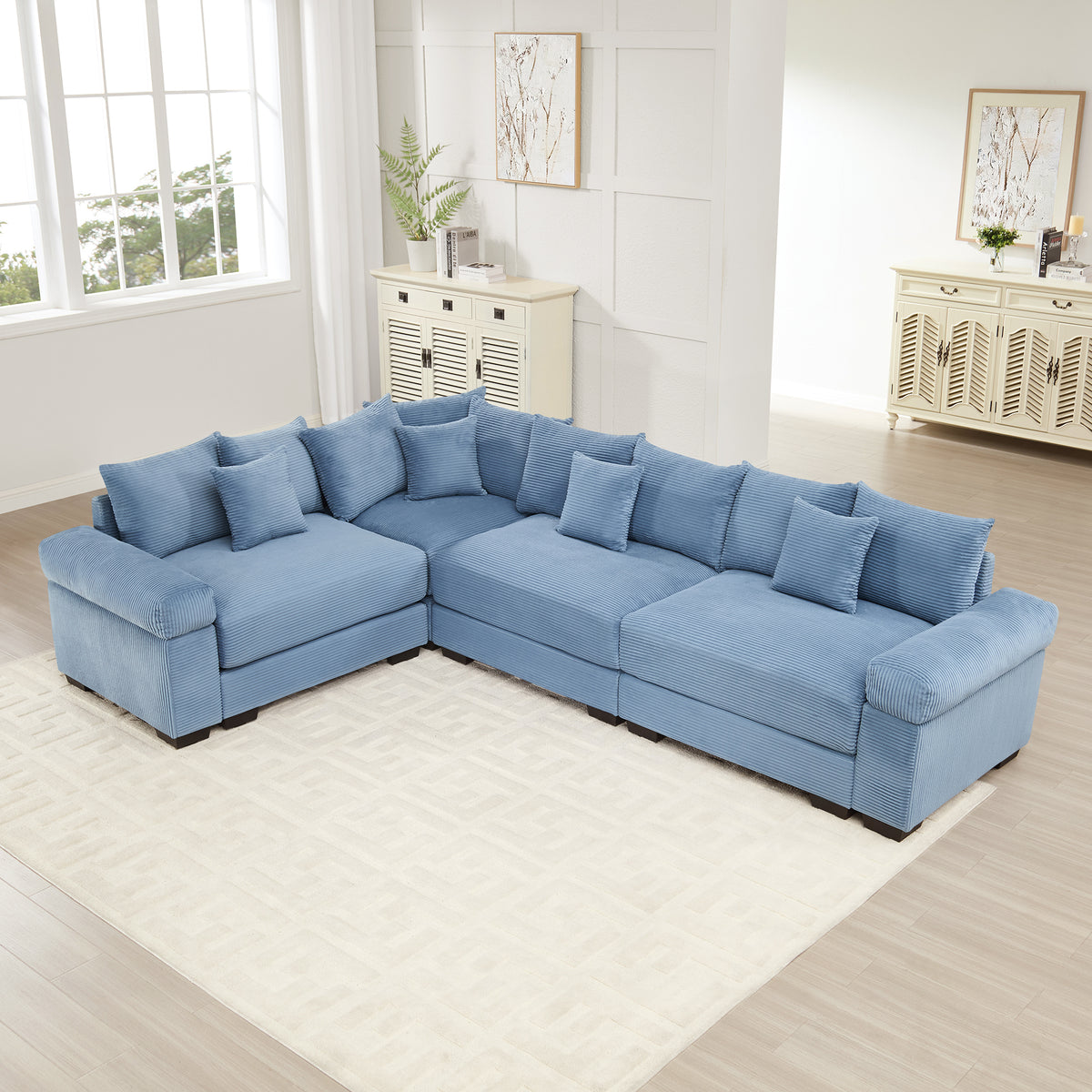 Blue Corduroy Modular Sectional, 4-Seat