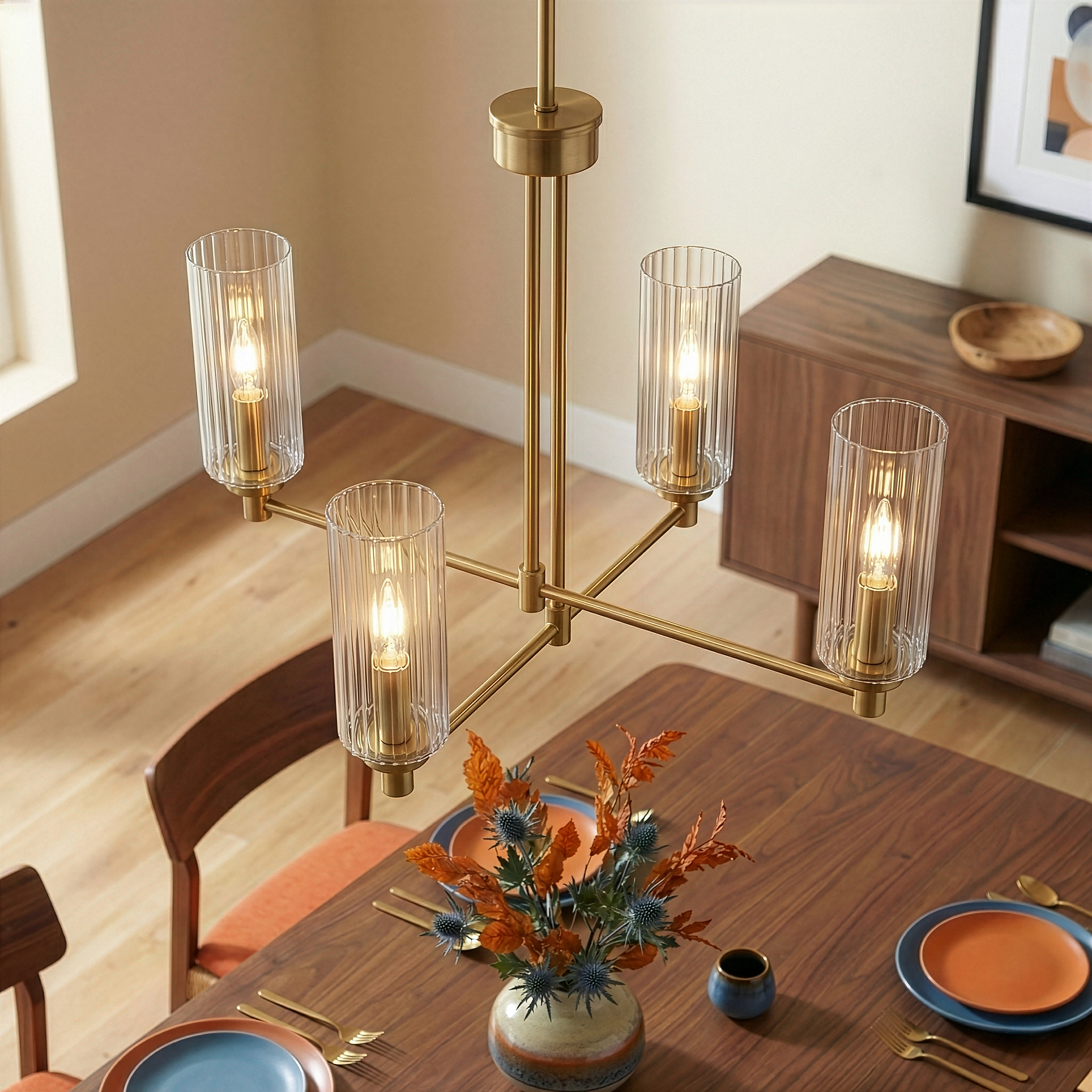 Chandelier with Clear Glass Shades, 4-Light, Antique Brass