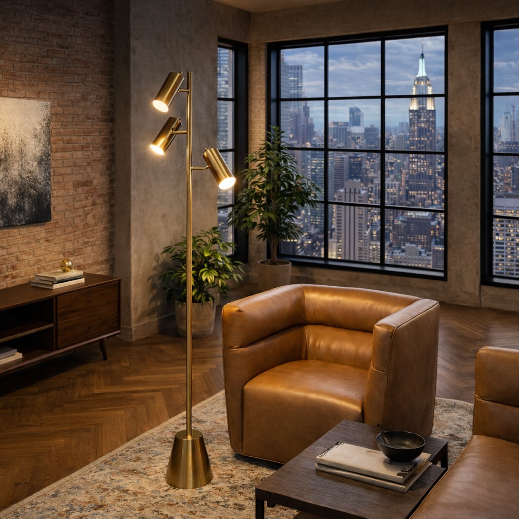 Floor Lamp with 3 LED Spotlights and Cone Base, Gold
