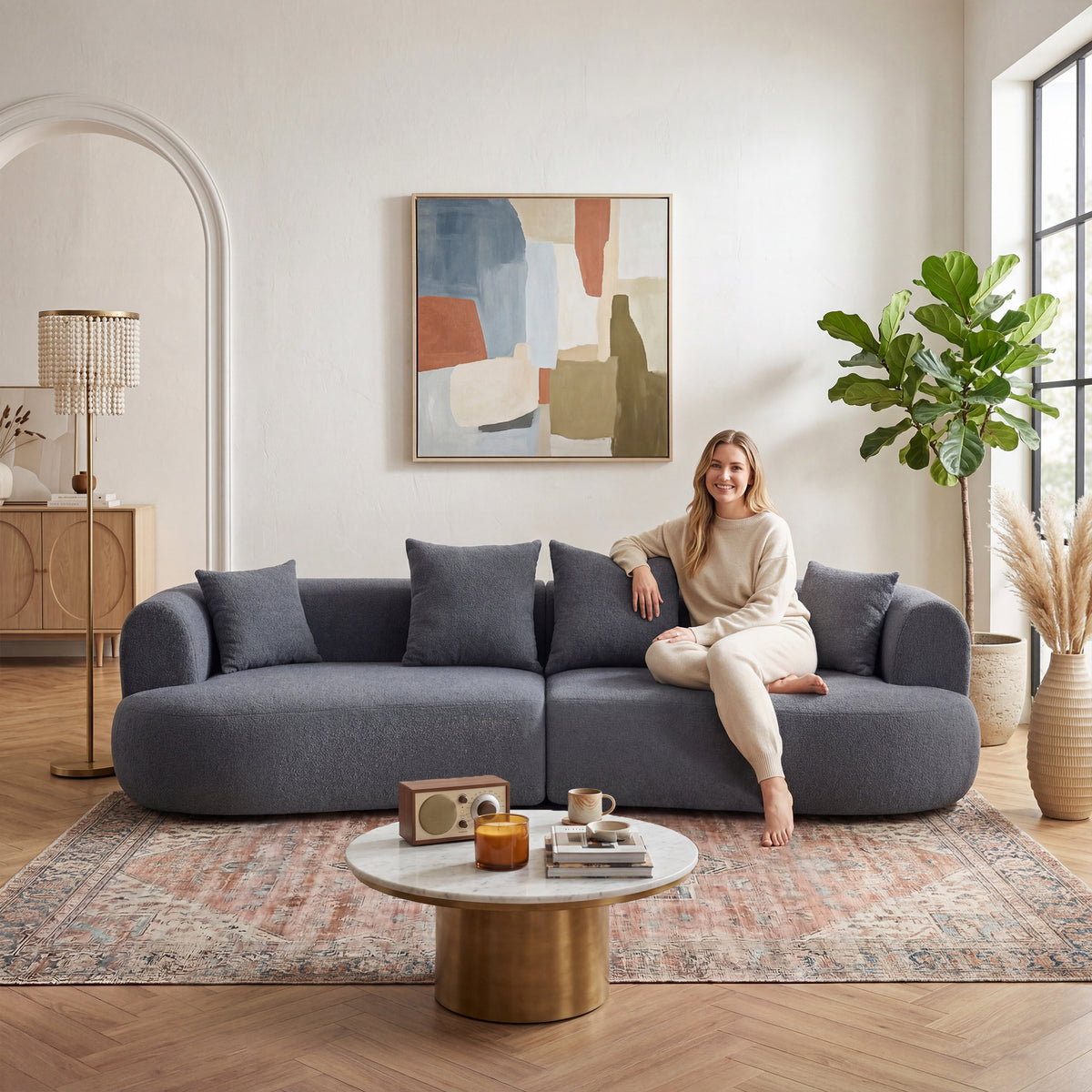 Gray Sherpa Sectional Couch, No Assembly, 122 in Wide
