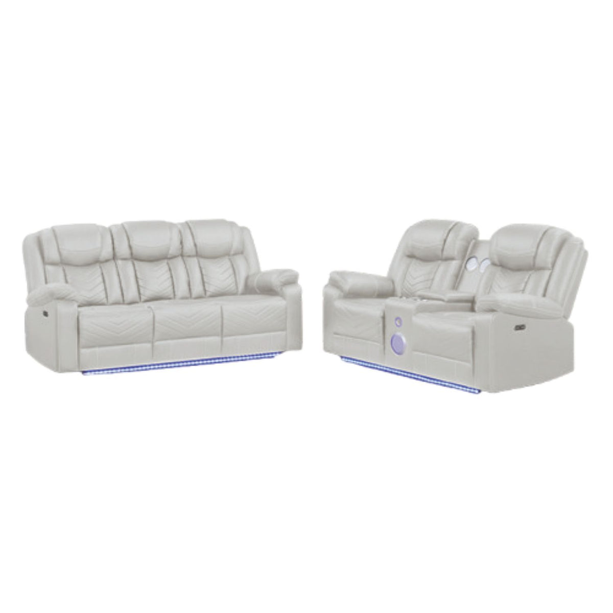 Beige Vegan Leather Power Reclining Sofa and Loveseat Set with Console