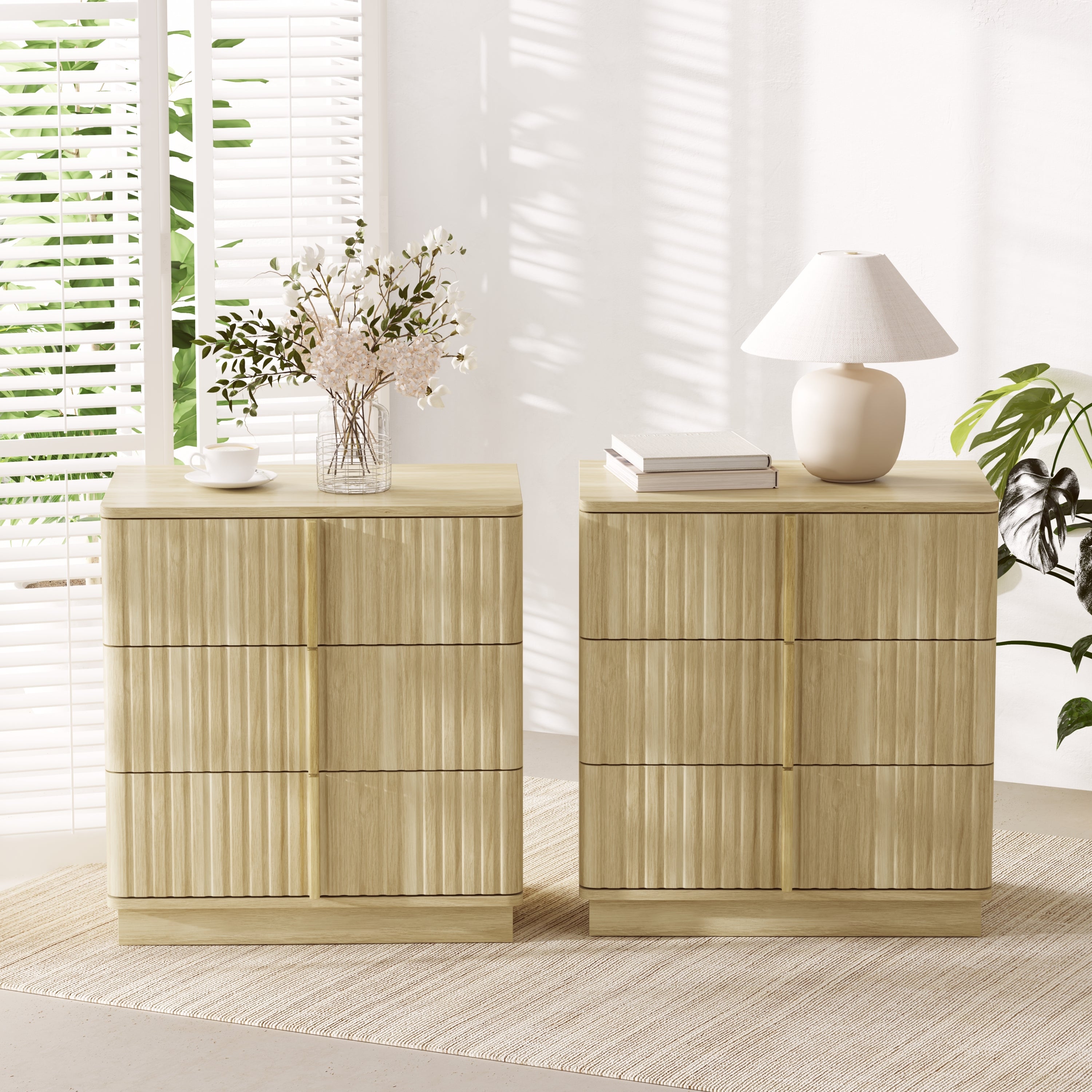 3 Drawer Nightstand Set of 2 with Vertical Stripe Fronts, Natural