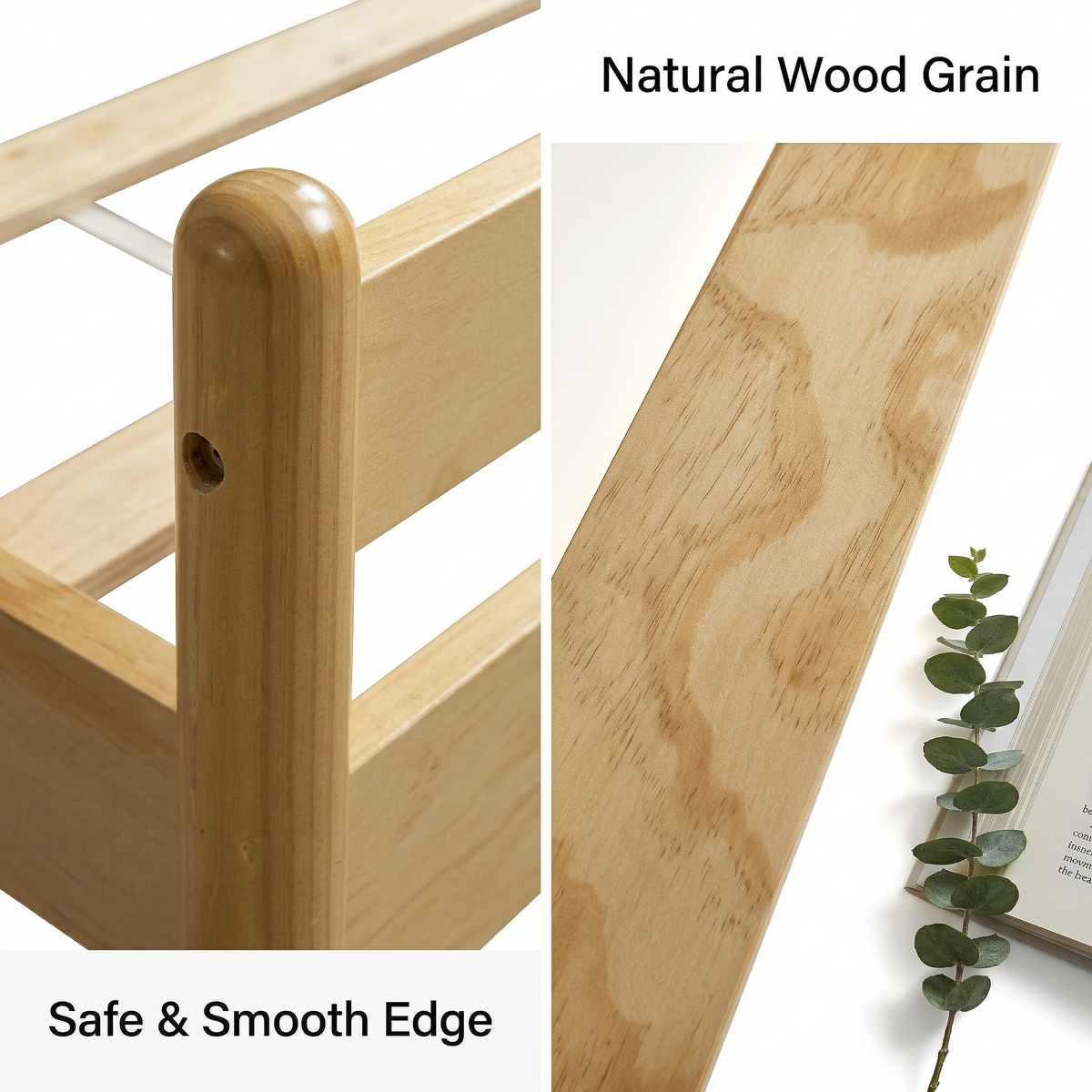 Split detail of a rounded natural pine post edge and the wood grain of a rail