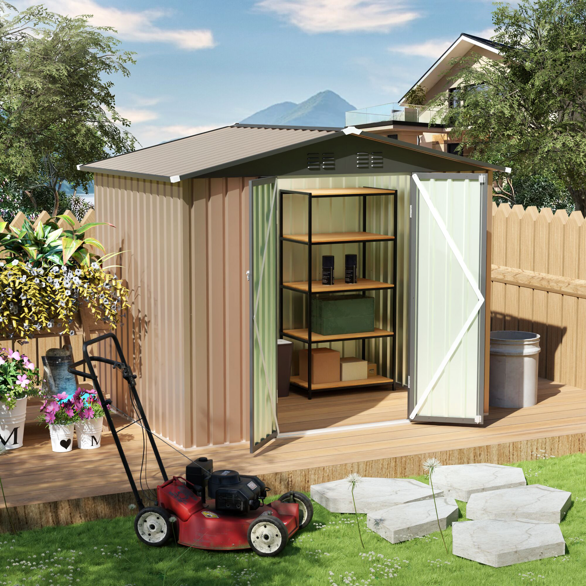 6x8 ft Brown Metal Storage Shed