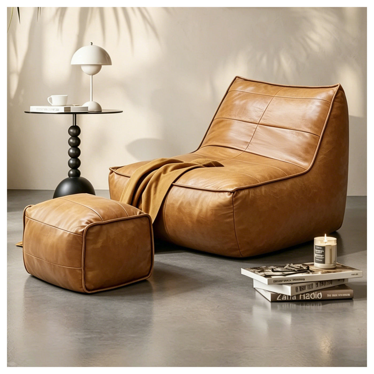 Brown Vegan Leather Bean Bag Chair with Ottoman