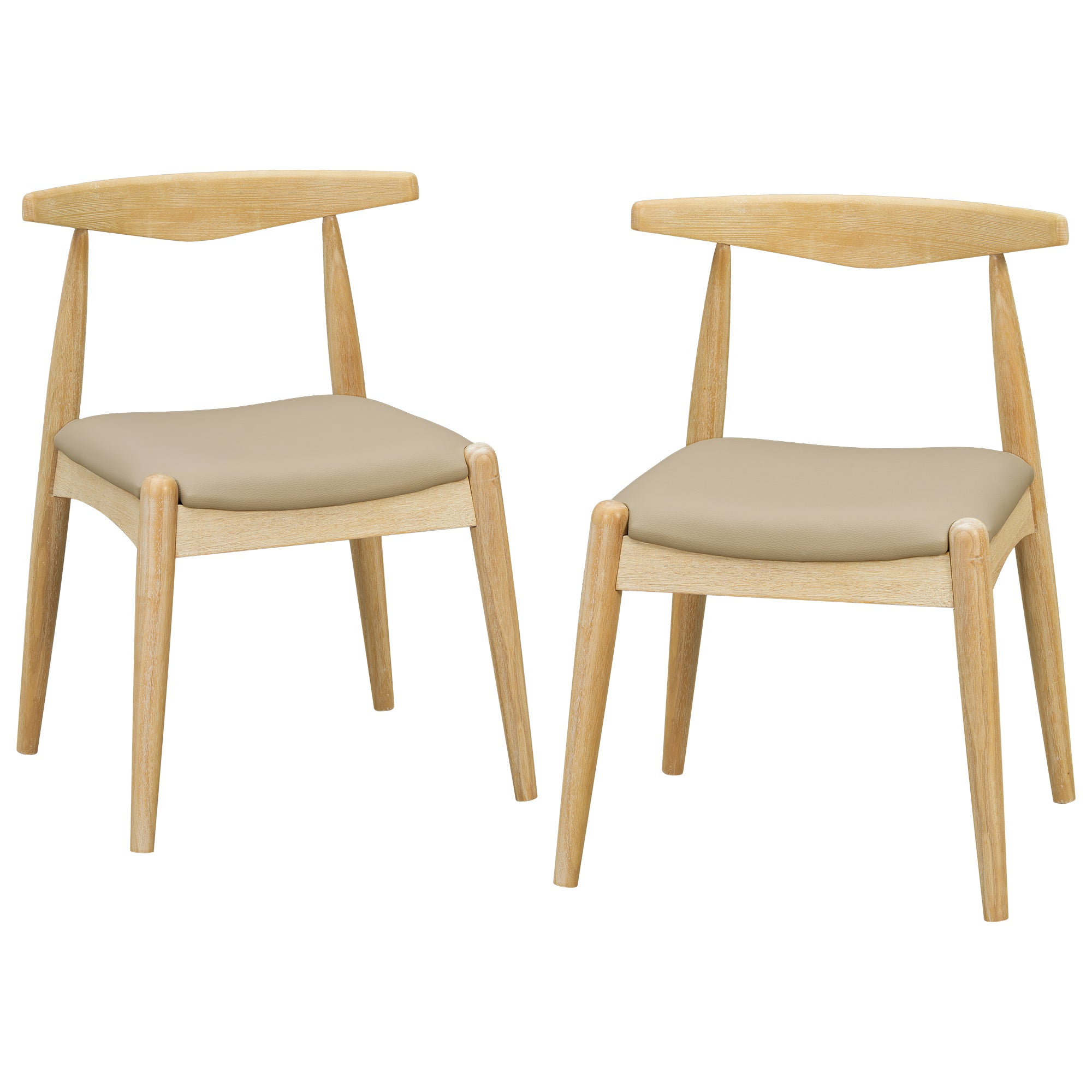 Mid-Century Wood Dining Chairs Set of 2, Vegan Leather, Natural