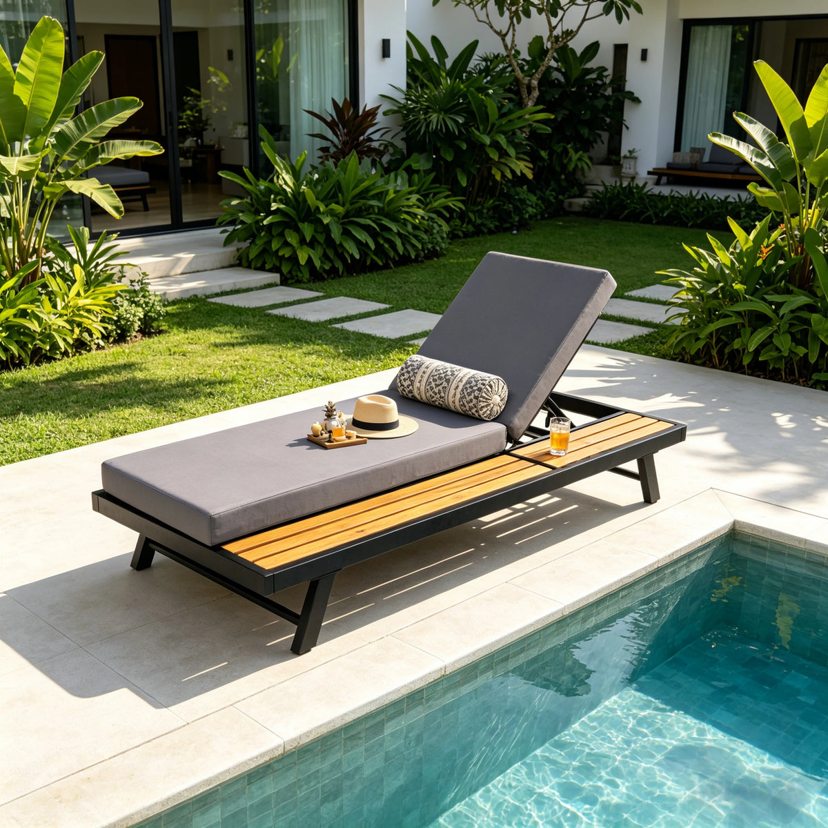 Black Metal Adjustable Outdoor Chaise Lounge, Dark Gray Cushion, 2-Fold Cushion