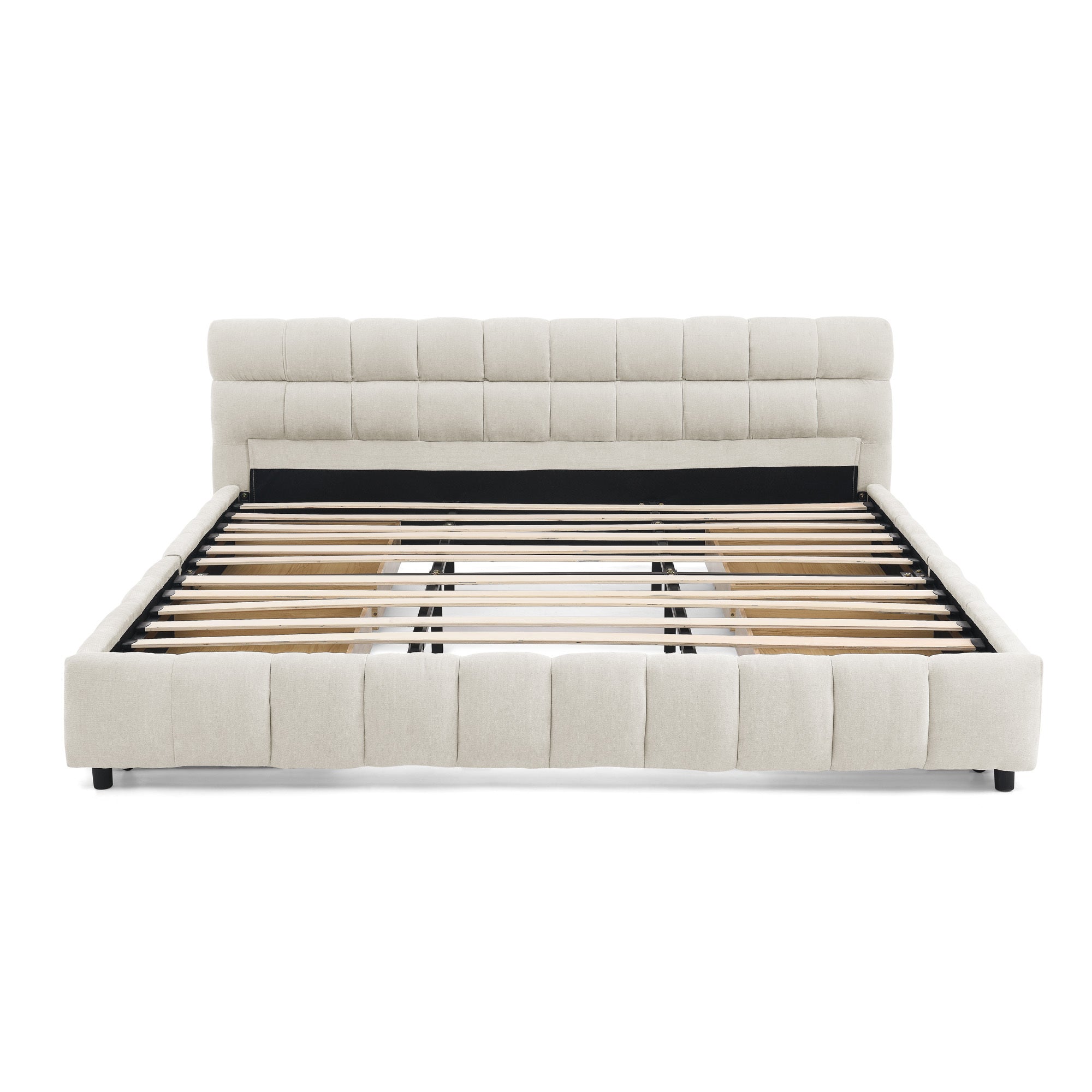 Front view of beige chenille king bed frame on white background